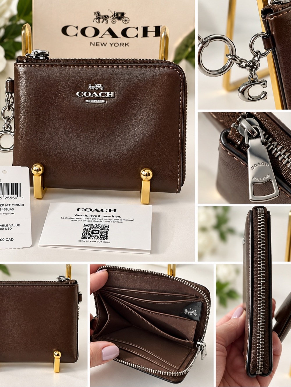 NWT Coach Small Corner Zip Wallet CFA27 Maple Brown Silver Charm